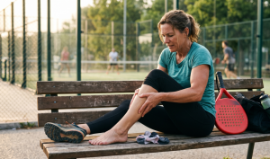 Aktiv kvinde masserer øm læg på bænk efter padel-tennis – professionel restitution og sportsmassage hos Fingertouch Massage.