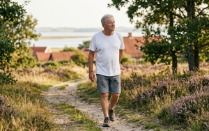 Candid portræt af Sten fra Fingertouch Massage, iført en løstsiddende hvid t-shirt, der går en tankefuld tur i det vestjyske landskab nær Ringkøbing. Hans blik er rettet mod horisonten, og han ser reflekterende ud